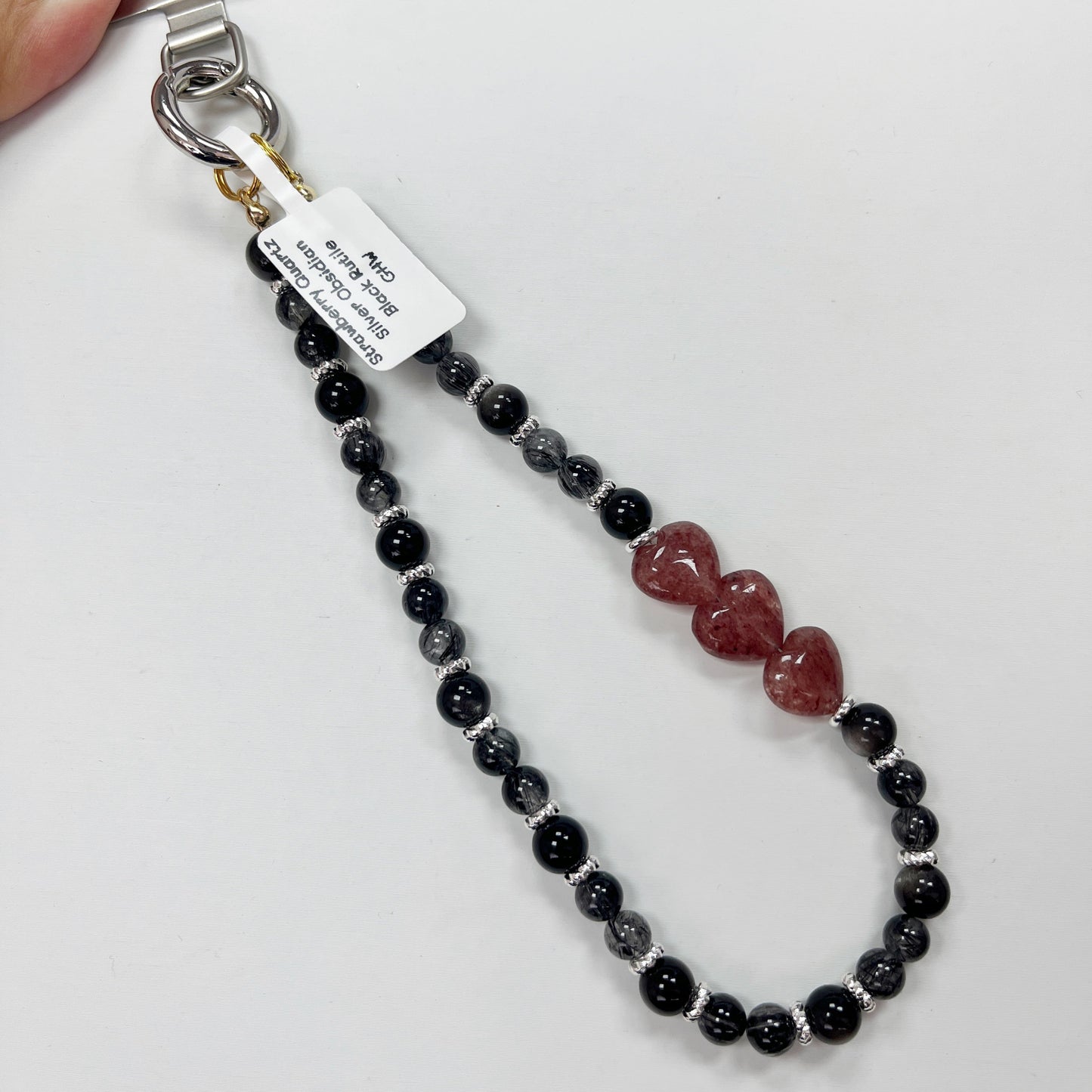 Silver Obsidian | Black Rutile | Strawberry Quartz -- Phone Strap Bag Charm 14K Silver