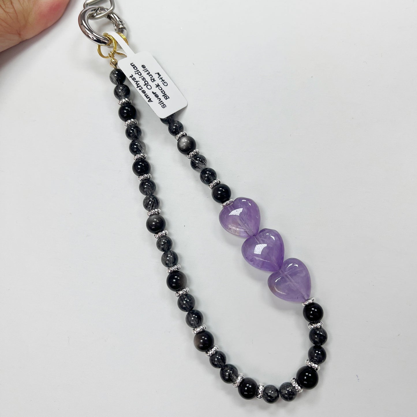 Silver Obsidian | Black Rutile | Amethyst -- Phone Strap Bag Charm 14K Silver