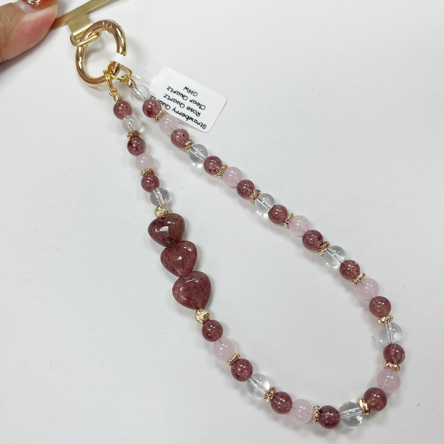Rose Quartz | Clear Quartz | Strawberry Quartz -- Phone Strap Bag Charm 14K Gold