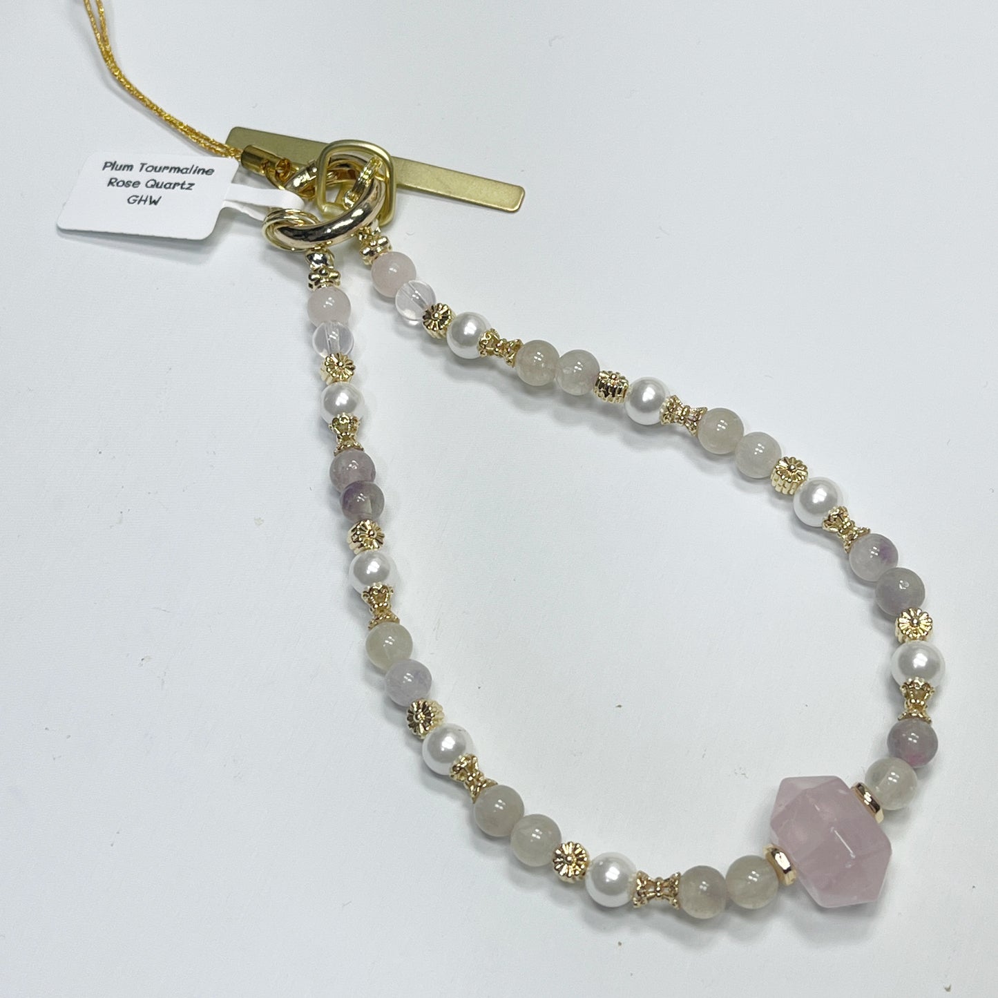 Plum Tourmaline | Rose Quartz | Mother Of Pearl -- Phone Strap Bag Charm 14K Gold
