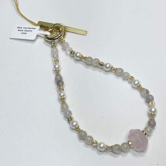 Plum Tourmaline | Rose Quartz | Mother Of Pearl -- Phone Strap Bag Charm 14K Gold