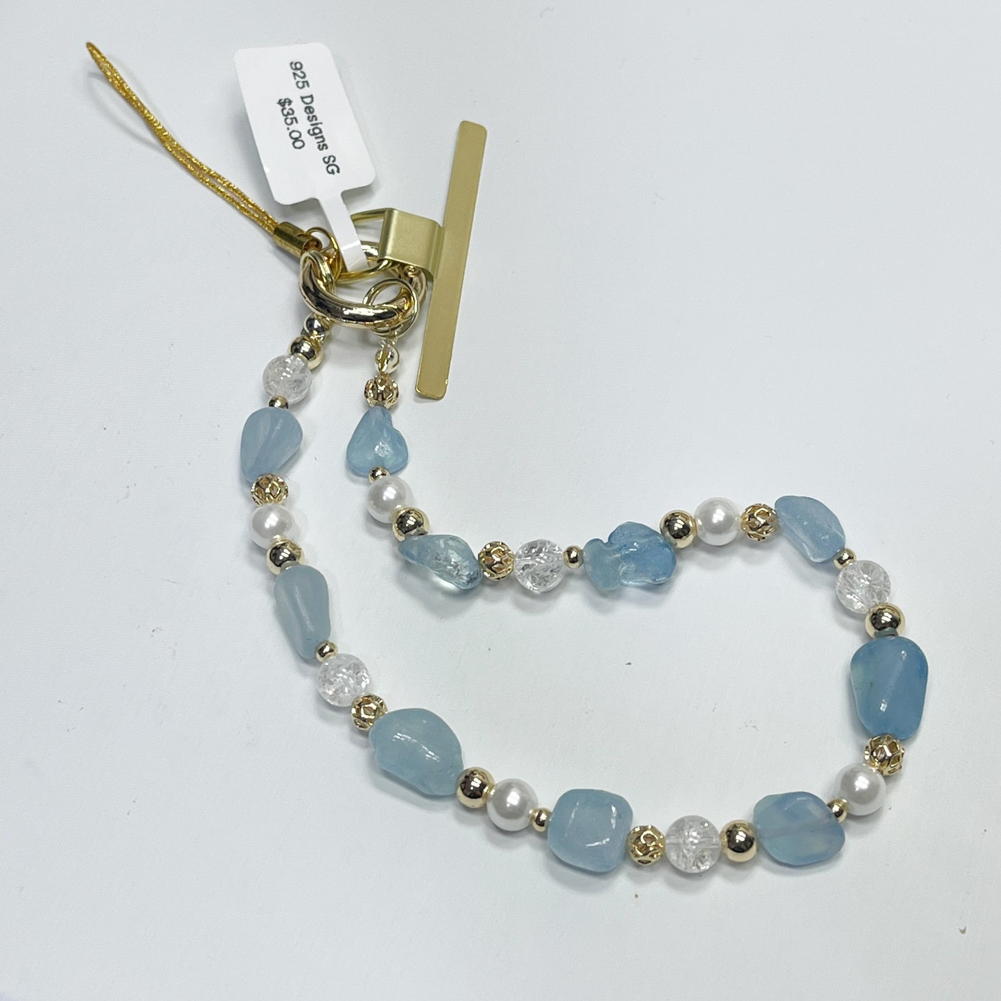 Aquamarine | Crackled Clear Quartz | Mother Of Pearl -- Phone Strap Bag Charm 14K Gold