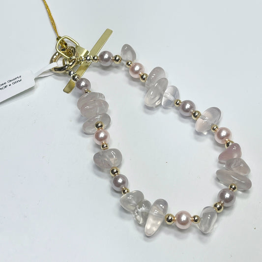 Rose Quartz | Mother Of Pearl -- Phone Strap Bag Charm 14K Gold