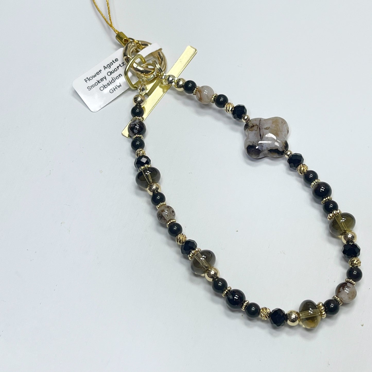 Flower Agate | Smokey Quartz | Obsidian -- Phone Strap Bag Charm 14K Gold