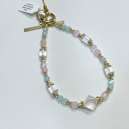 Selenite | Clear Quartz | Rose Quartz -- Phone Strap Bag Charm 14K Gold