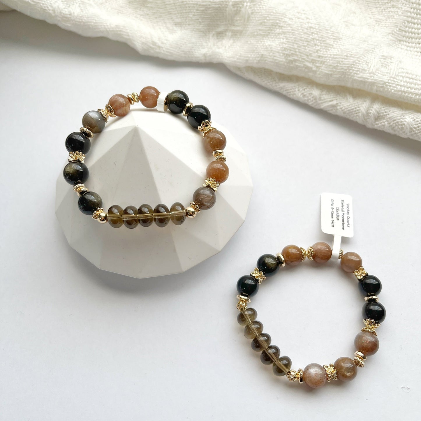 Smokey Quartz | Skeletal Moonstone | Obsidian -- Bracelet elastic 14K Gold