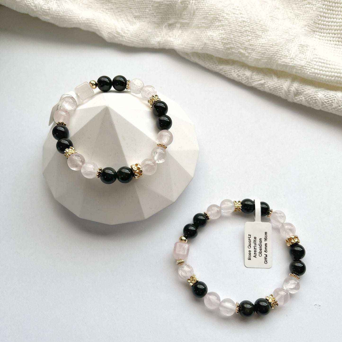 Rose Quartz Azeztulite | Obsidian -- Bracelet Elastic 14K Gold