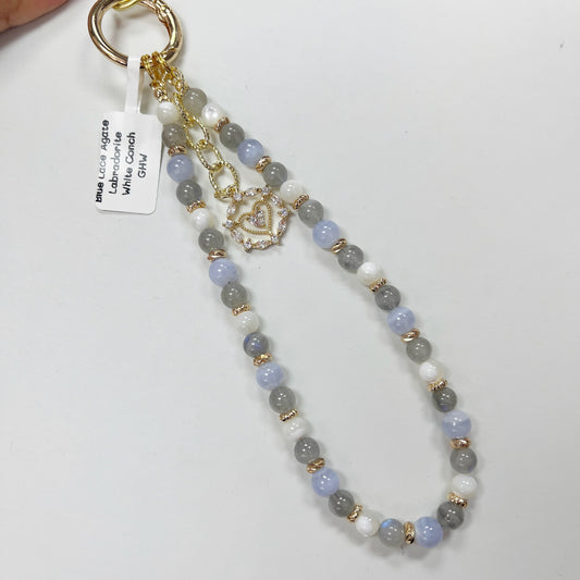 Blue Lace Agate | Labradorite | White Conch -- Phone Strap Bag Charm 14K Gold