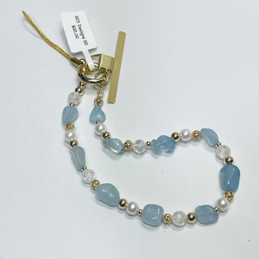 Aquamarine | Crackled Clear Quartz | Mother Of Pearl -- Phone Strap Bag Charm 14K Gold